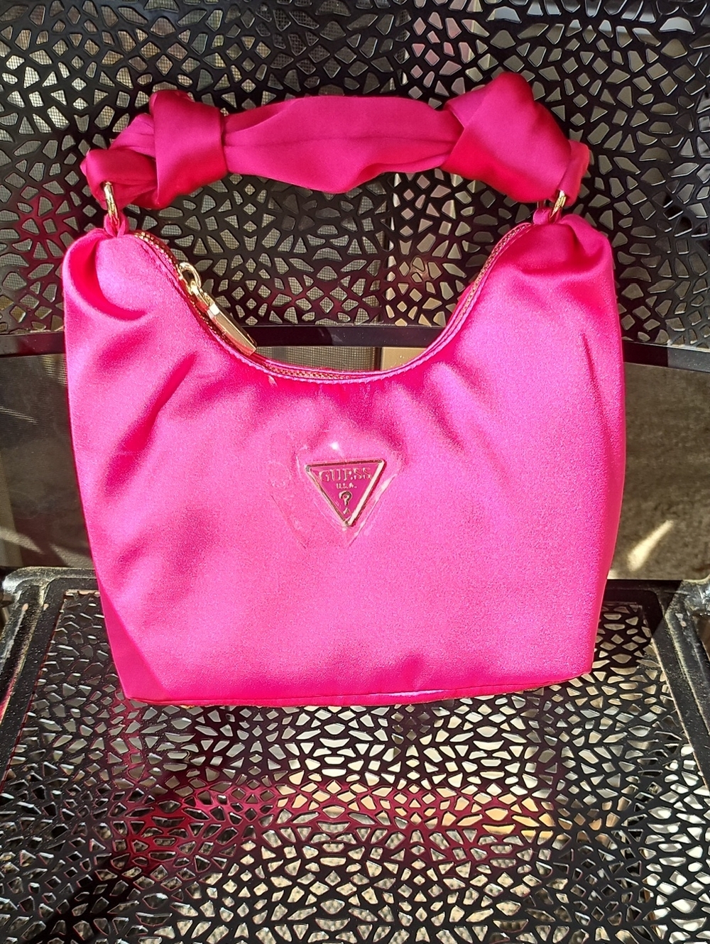 Guess Hot Pink Satin Knot-Handle Shoulder Bag